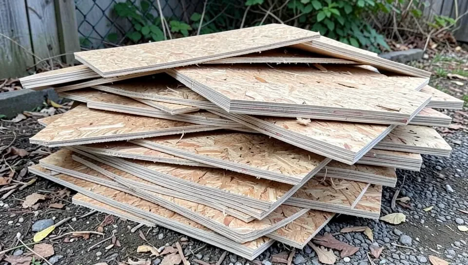 Broken particle board furniture scraps stacked for disposal