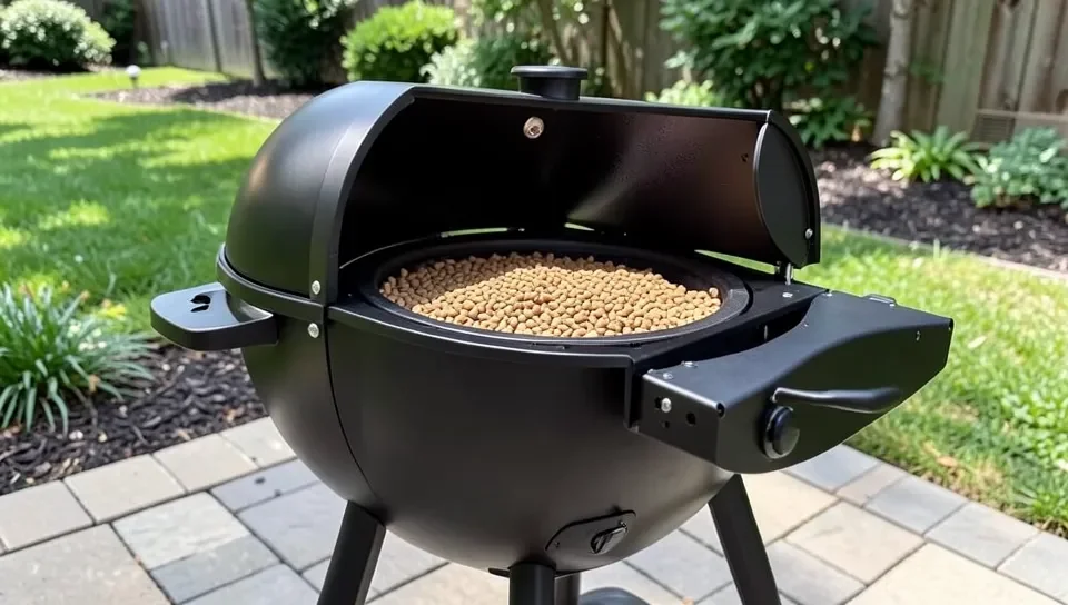 Checking wood pellets in the hopper of a pellet grill