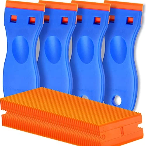 Plastic razor blade scraper set with replacement blades for removing stickers and labels without scratching