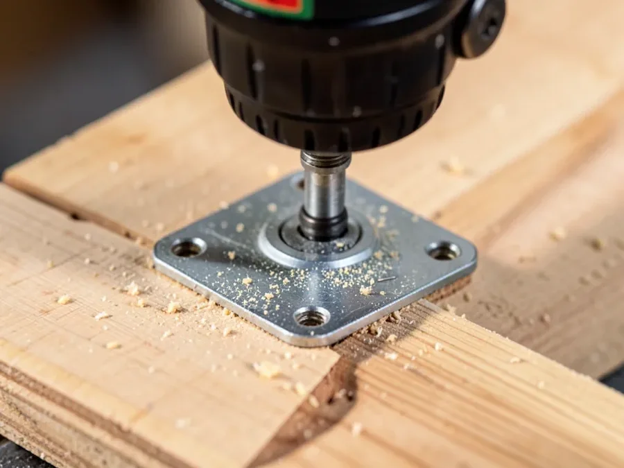 Plate-mount caster mounting plate being screwed into a wood board with a drill