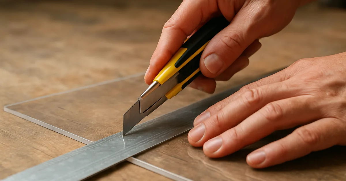 Hands using a utility knife to score a clear acrylic plexiglass sheet along a straightedge