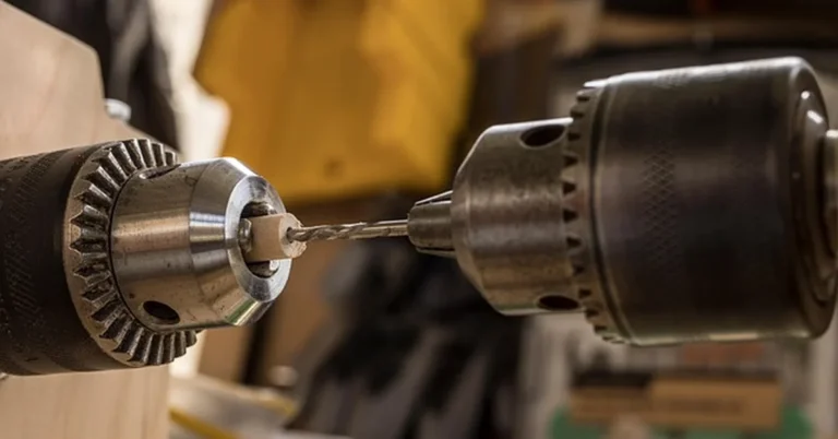 Drill chuck holding a bit over a wood board before drilling a screw pilot hole