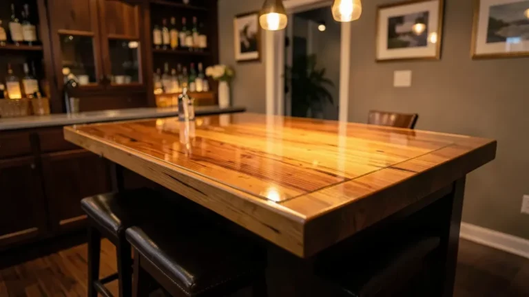 Finished plywood bar top with a glossy epoxy resin coating in a home bar