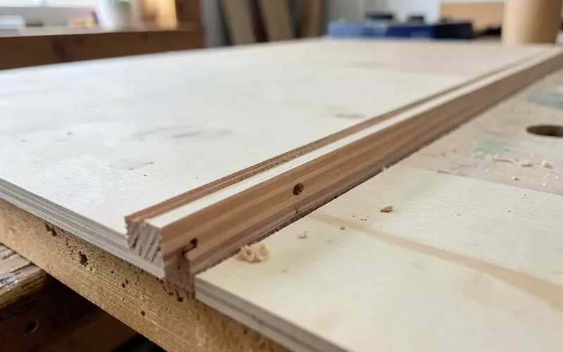 Dado groove test fit Close-up of a dado groove cut into plywood with a shelf board test-fitted