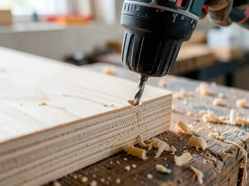 Drilling a pilot hole into the layered edge of a plywood panel before driving a hinge screw