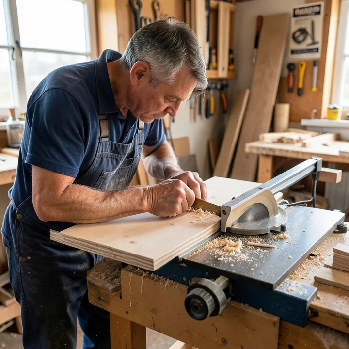 carpenter cutting a plywood board on a bandsaw in a workshop carpenter cutting a plywood board on a bandsaw in a workshop