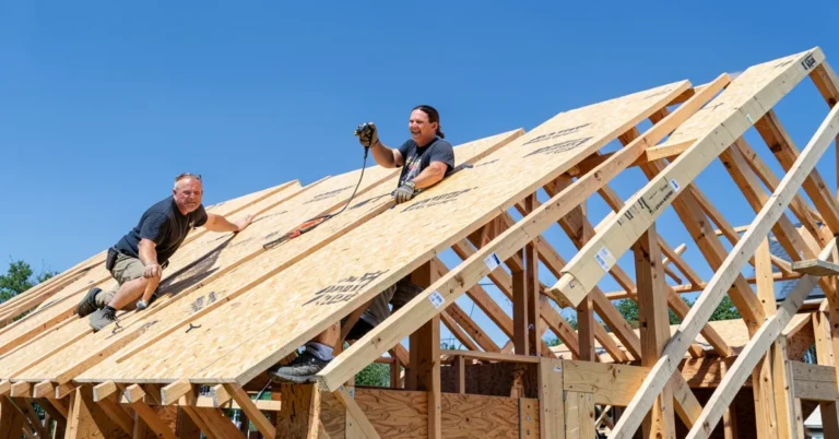 Worker installing plywood roof sheathing on open rafters