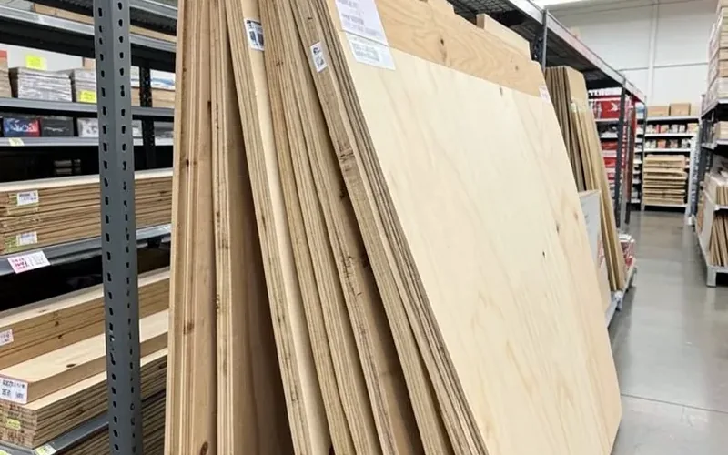 Plywood sheets stacked on racks in a home improvement store lumber aisle Plywood sheets stacked on racks in a home improvement store lumber aisle