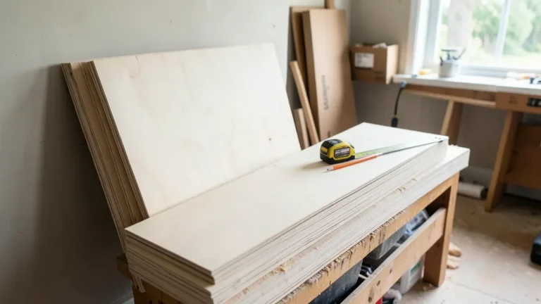 Stack of plywood sheets in a home workshop next to kitchen cabinet boxes being built