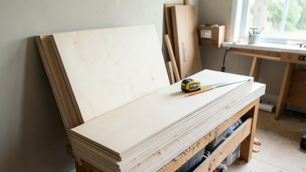 Stack of plywood sheets in a home workshop next to kitchen cabinet boxes being built