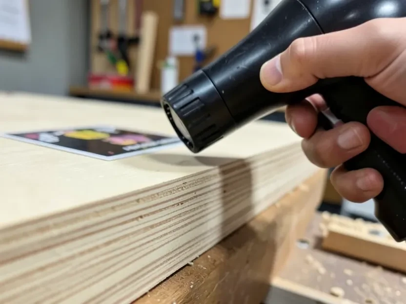 Hairdryer heating a sticker on plywood, showing the thin veneer layers at the board edge