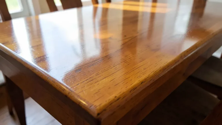 Wood dining table with a freshly applied glossy polyurethane finish