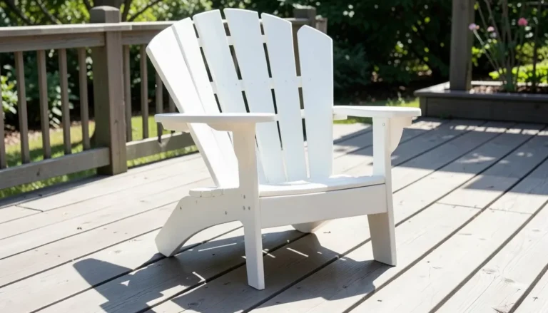 White POLYWOOD-style HDPE plastic adirondack chair on an outdoor patio deck