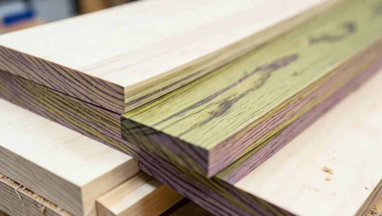 Stack of poplar wood boards showing natural green and purple streaked grain
