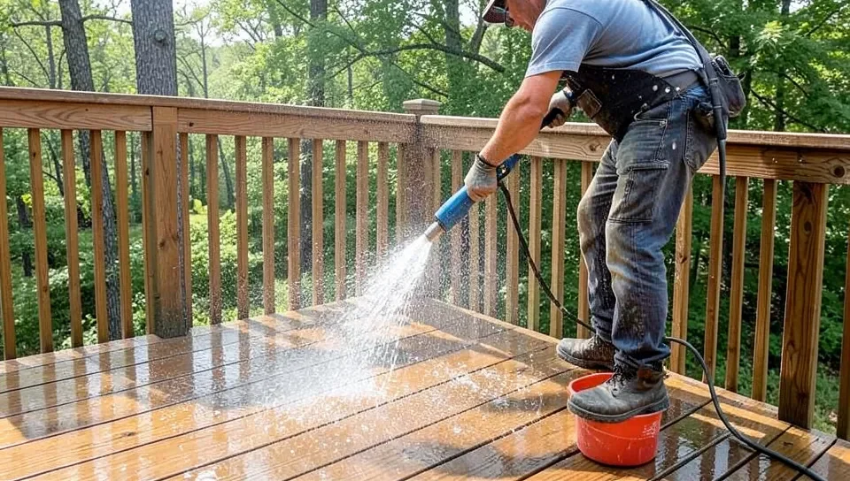 Power washing a cedar deck to clean it