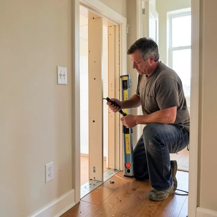 carpenter shimming a prehung interior door frame to keep it plumb