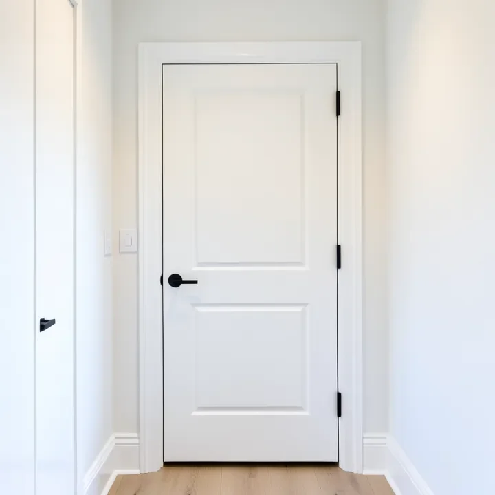 white paneled prehung interior door installed with trim casing in a hallway