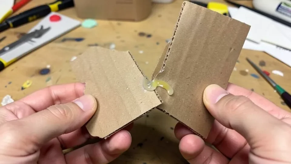 Pressing two pieces of cardboard together with hot glue at the seam