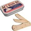 Channel Craft JJ's wooden pocket knife craft kit in its tin with the assembled wooden knife
