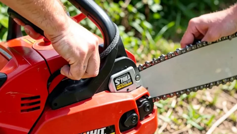 Pulling the starter rope on a Stihl chainsaw