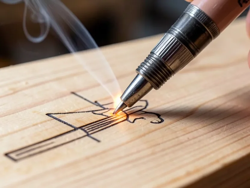 Close-up of a pyrography pen burning a detailed line design into pine wood