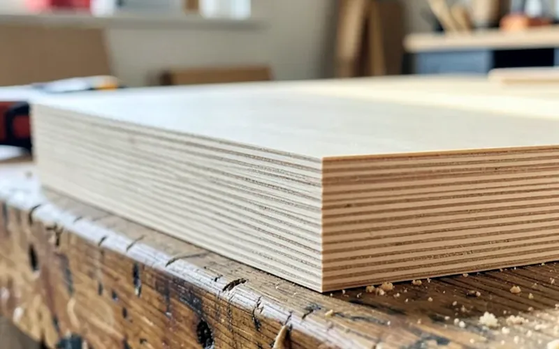 Stack of quarter inch plywood sheets showing the thin edge on a workbench Stack of quarter inch plywood sheets showing the thin edge on a workbench