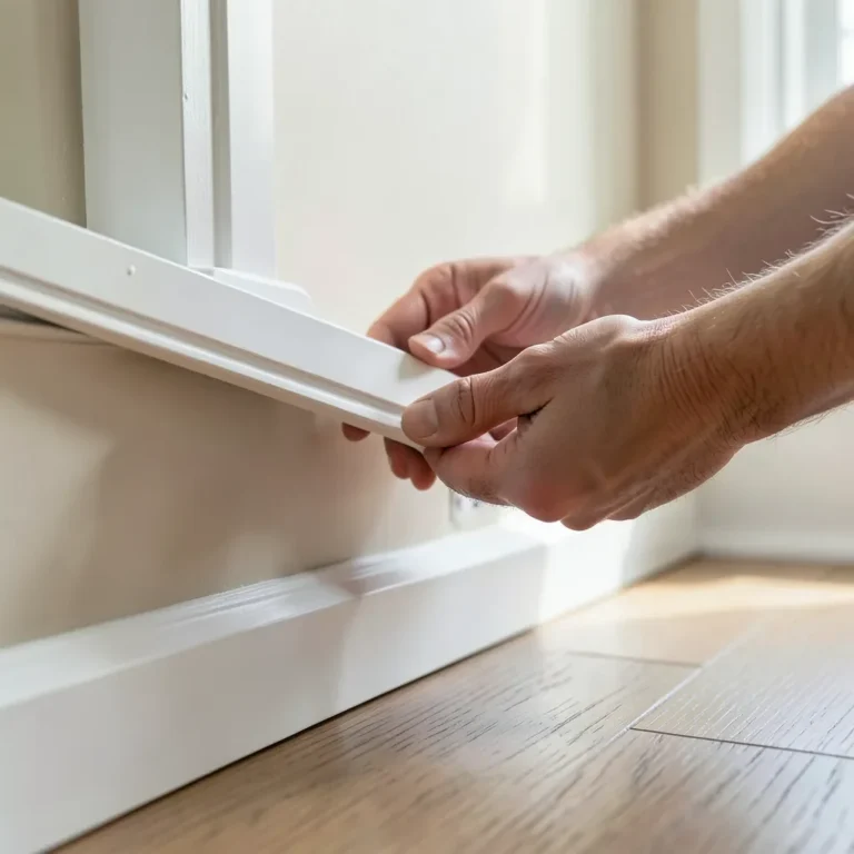 Positioning quarter round molding against a baseboard before nailing