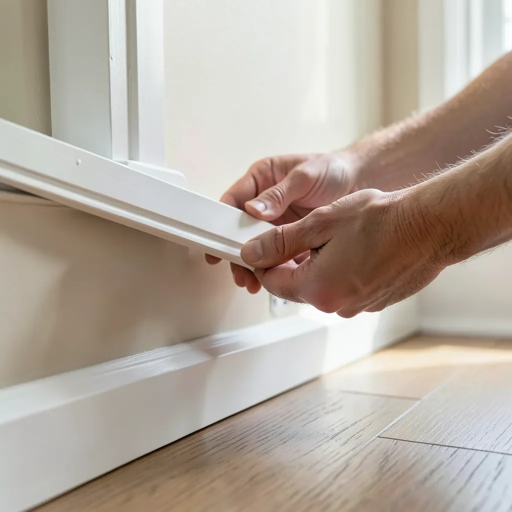 Positioning quarter round molding against a baseboard before nailing