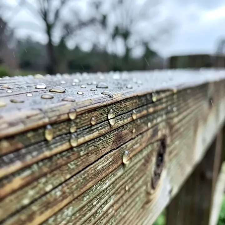 Raindrops beaded on a weathered cedar fence plank outdoors