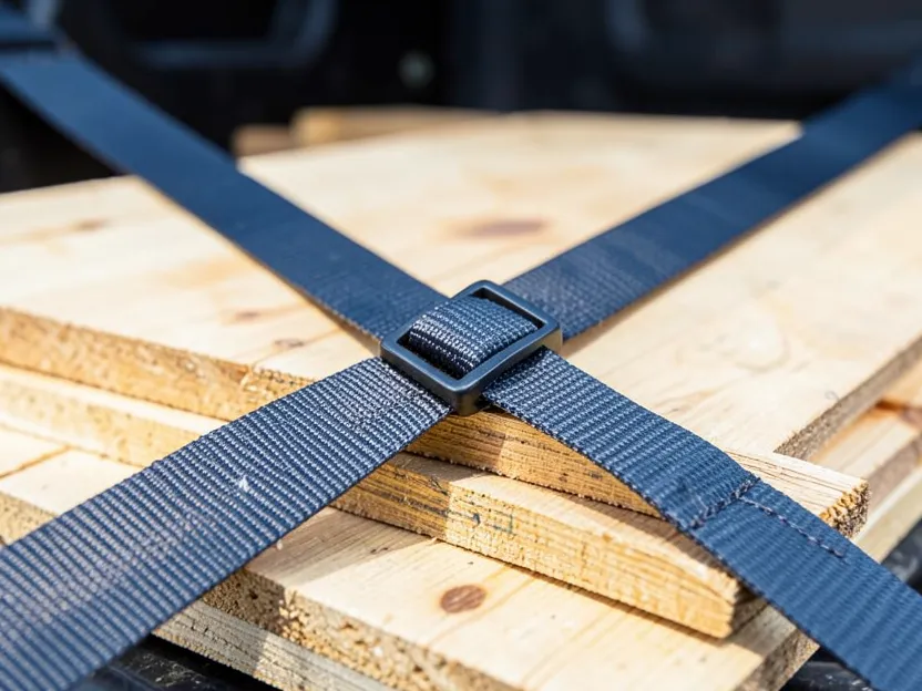 Two ratchet straps crossed in an X pattern and tightened over a stack of lumber boards in a truck bed