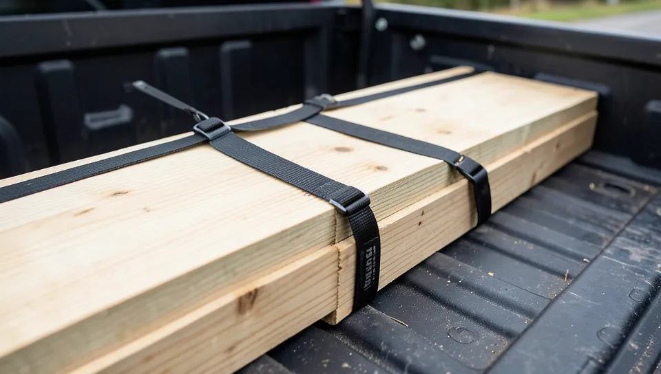 Ratchet straps securing long lumber boards to a pickup truck bed