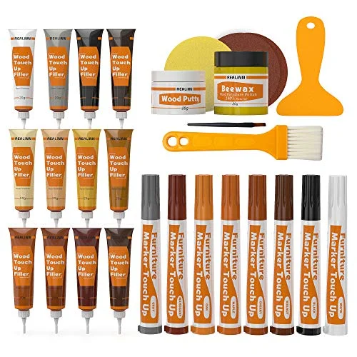REALINN 28-piece wood furniture repair kit with touch-up markers and fillers