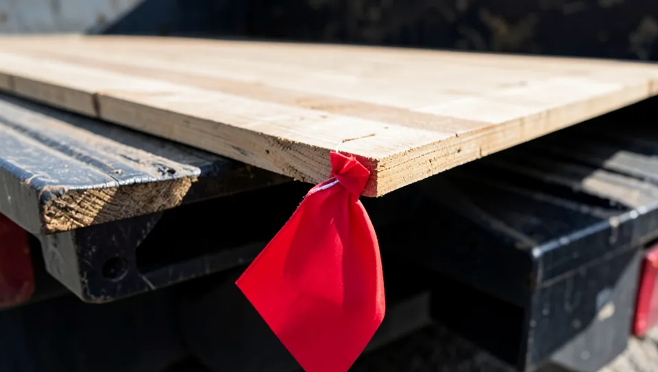 Red safety flag tied to the end of long lumber overhanging a truck bed