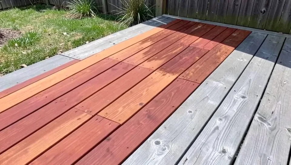 Redwood deck boards showing the color contrast between freshly finished reddish-brown wood and weathered silver-gray wood