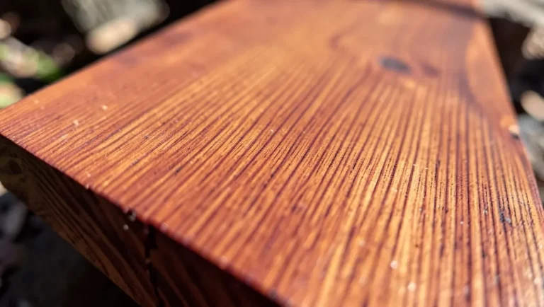 Close-up of freshly cut redwood lumber showing its natural reddish-brown heartwood color