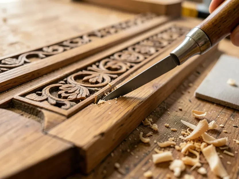 Chisel lifting a damaged inlay piece out of a wood panel before replacement