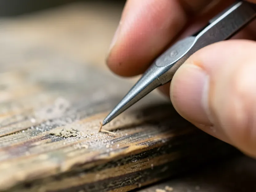 Removing a loose wood splinter with pliers before sanding the board smooth