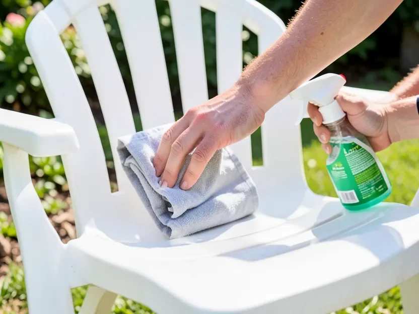Cleaning and restoring faded white plastic outdoor furniture with cloth and spray cleaner