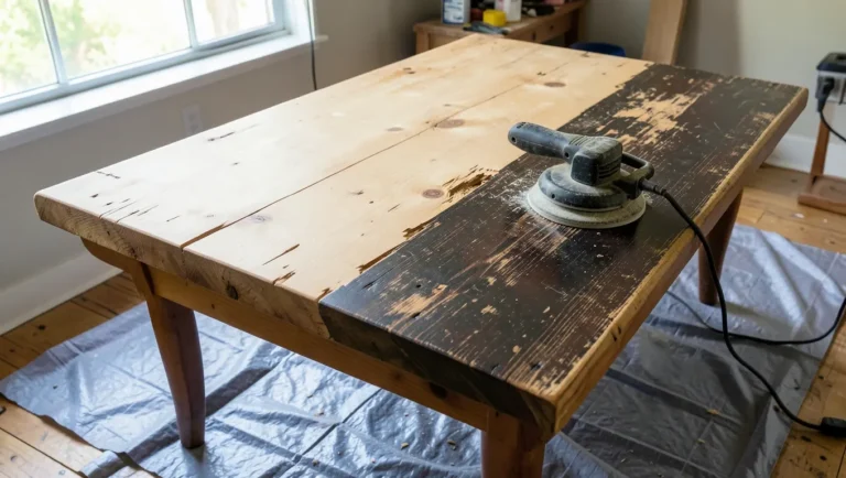 Wood dining table half-stripped to bare wood, half with old worn finish, with an orbital sander resting on it during a resurfacing project