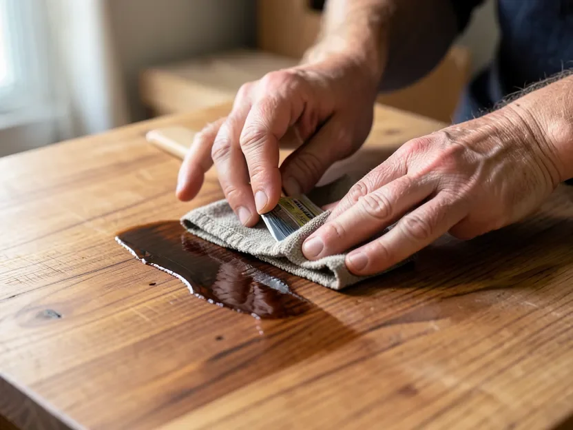 Hands applying wood stain with a cloth to a bare sanded wood tabletop, showing the stain color contrast against raw wood