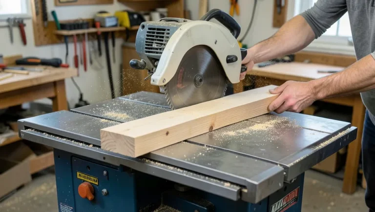 A 2x4 board being pushed across a table saw against the rip fence, sawdust flying