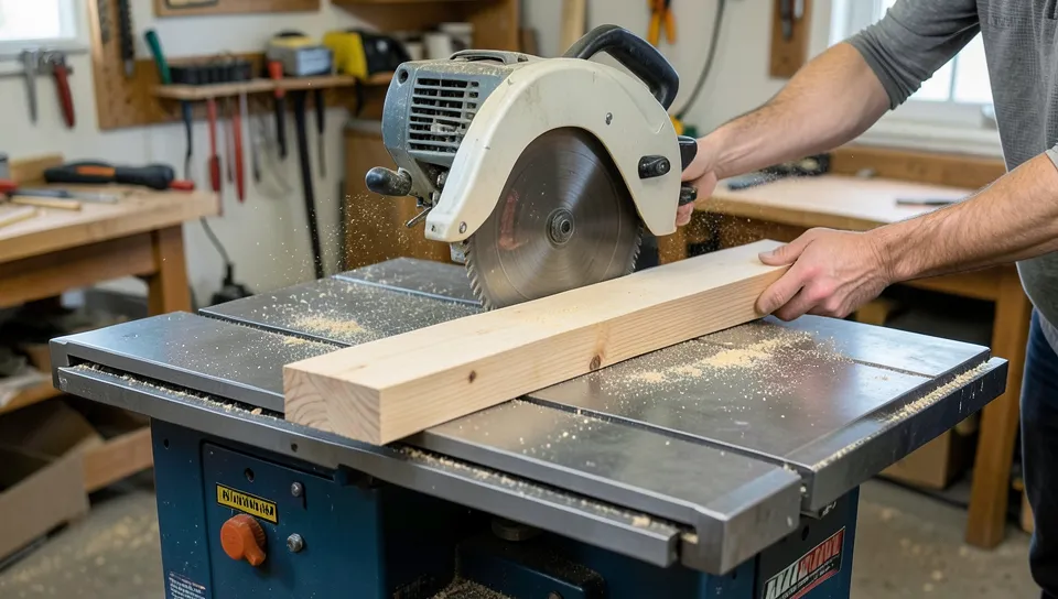 A 2x4 board being pushed across a table saw against the rip fence, sawdust flying