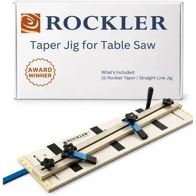 Rockler taper jig for table saw, boxed and assembled view