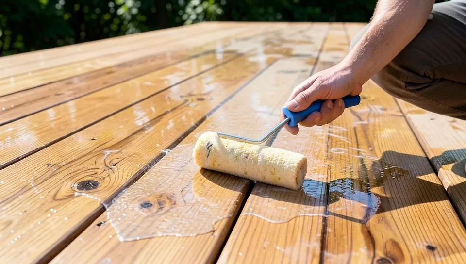 Rolling clear sealant onto a cedar deck