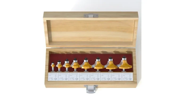 A set of round-over router bits with interchangeable radii, used to choose the right size for 3/4 in