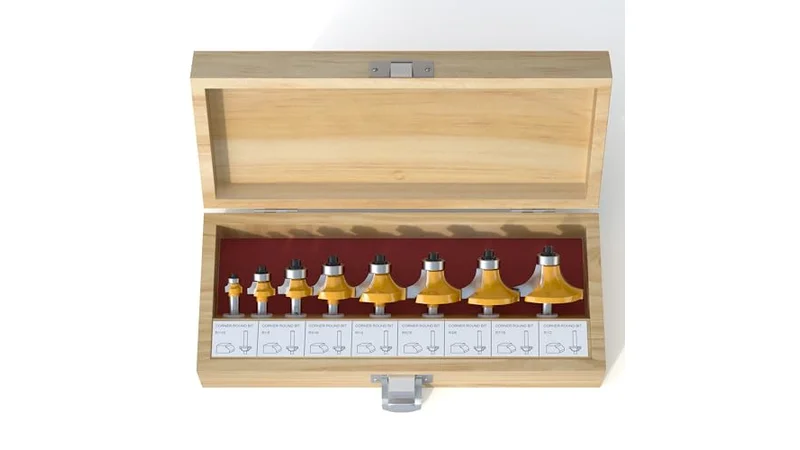 A set of round-over router bits with interchangeable radii, used to choose the right size for 3/4 in