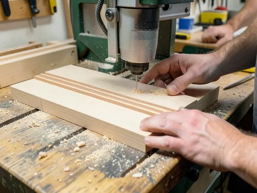 Router cutting a straight flute groove into a wood board guided by a fence