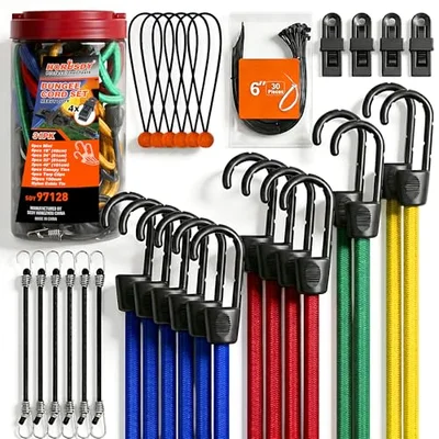 Assorted bungee cords for securing a tarp over stacked lumber