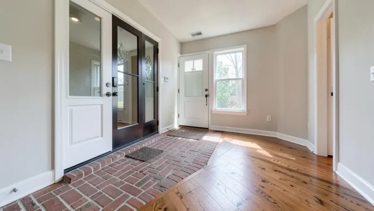 Entryway with brick flooring transitioning to hardwood wood flooring