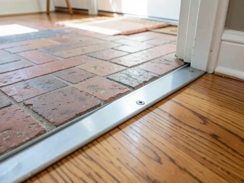 Metal reducer strip bridging a brick floor and hardwood floor at a doorway threshold